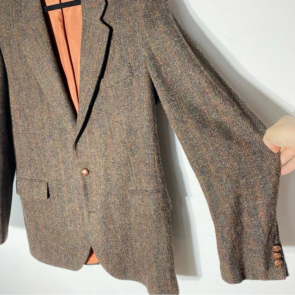 Vintage Harris Tweed Classic Brown Wool Herringbone Blazer 42L Dadcore Academia - Picture 8 of 16